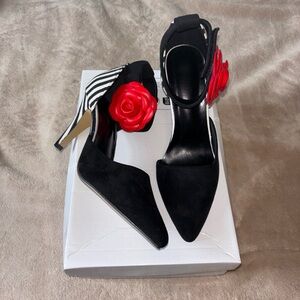 Black Heels with Red Rose Accent Size US 7